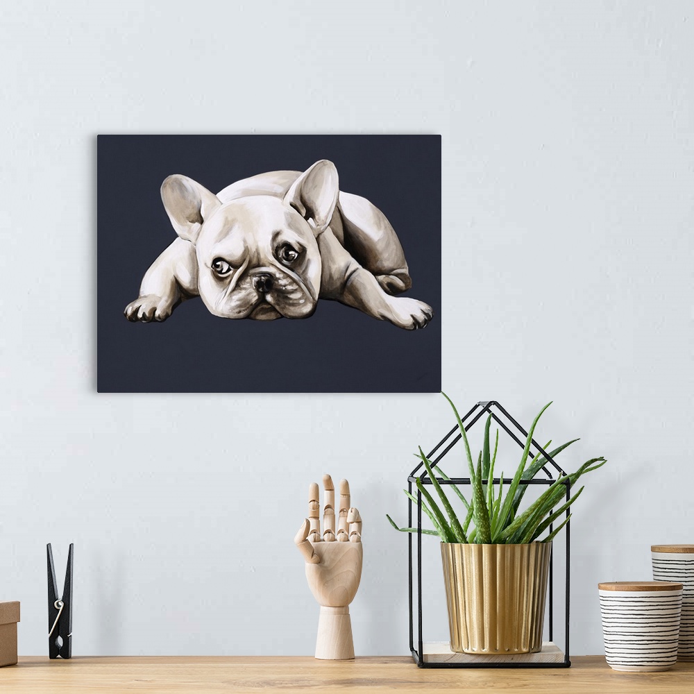 A bohemian room featuring A contemporary artwork of a french bulldog laying down with a look of longing on his face.