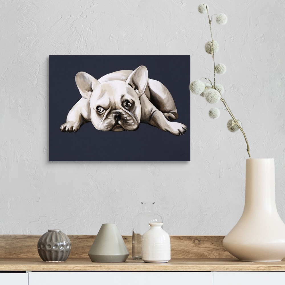 A farmhouse room featuring A contemporary artwork of a french bulldog laying down with a look of longing on his face.