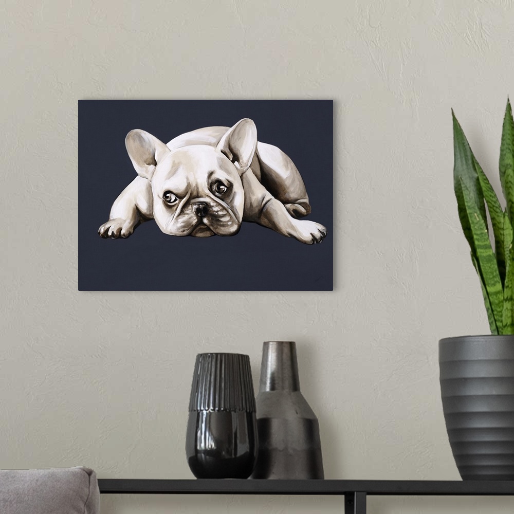 A modern room featuring A contemporary artwork of a french bulldog laying down with a look of longing on his face.