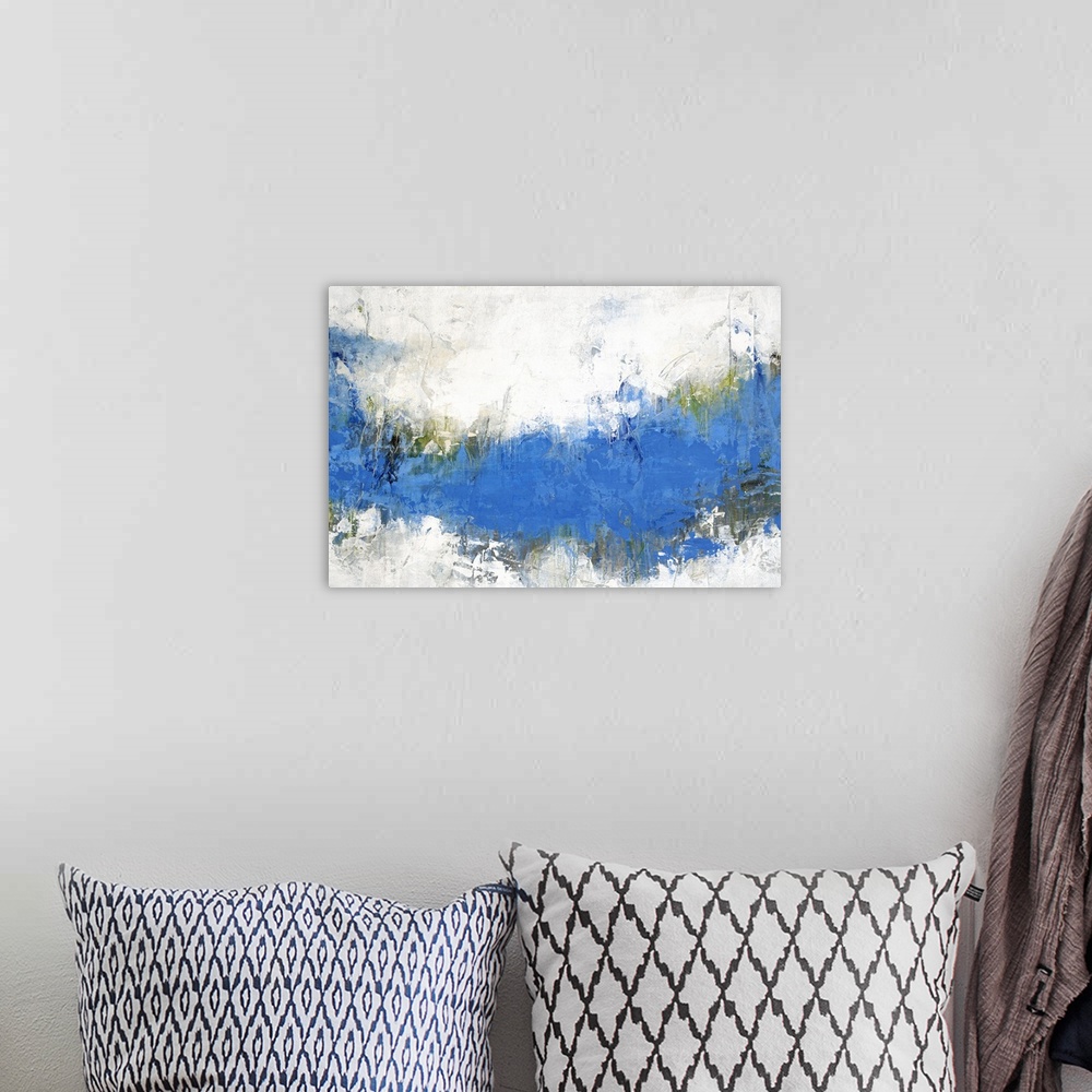 A bohemian room featuring Contemporary abstract painting with a bright blue band through the center.