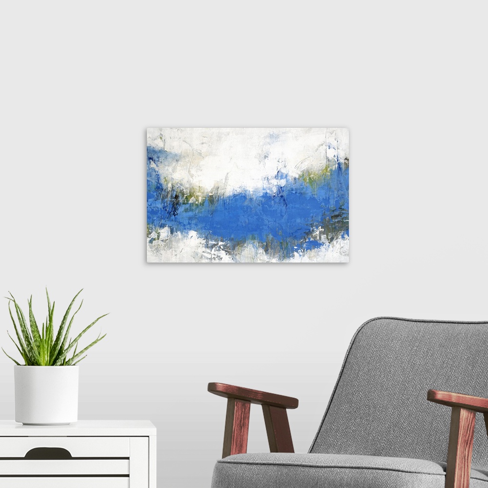 A modern room featuring Contemporary abstract painting with a bright blue band through the center.