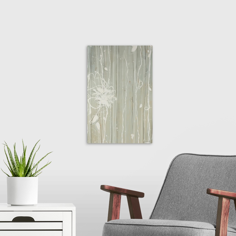 A modern room featuring Abstract artwork with a grey background that has white lines of paint dripping down with a floral...