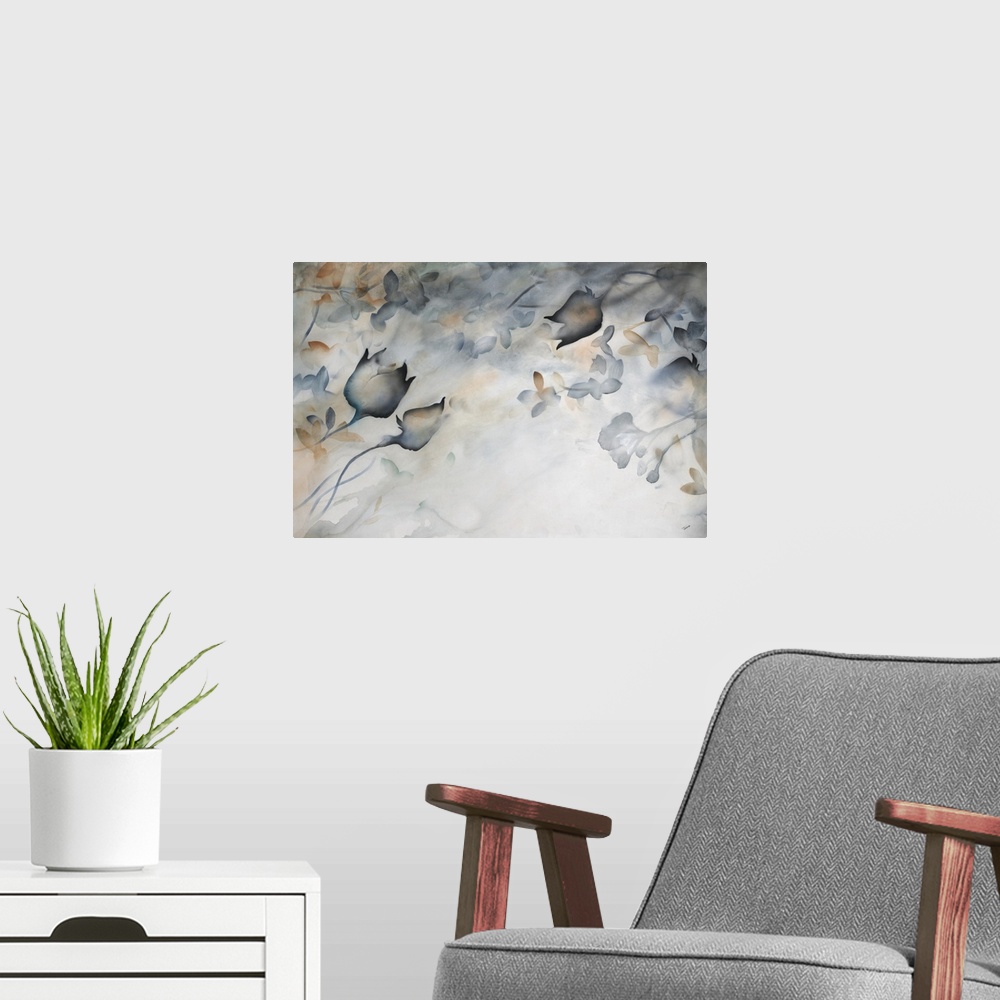 A modern room featuring Watercolor painting of flower blooms and leaves fading into the background.
