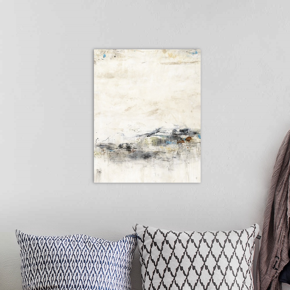 A bohemian room featuring Abstract painting with earth tones and rough texture.