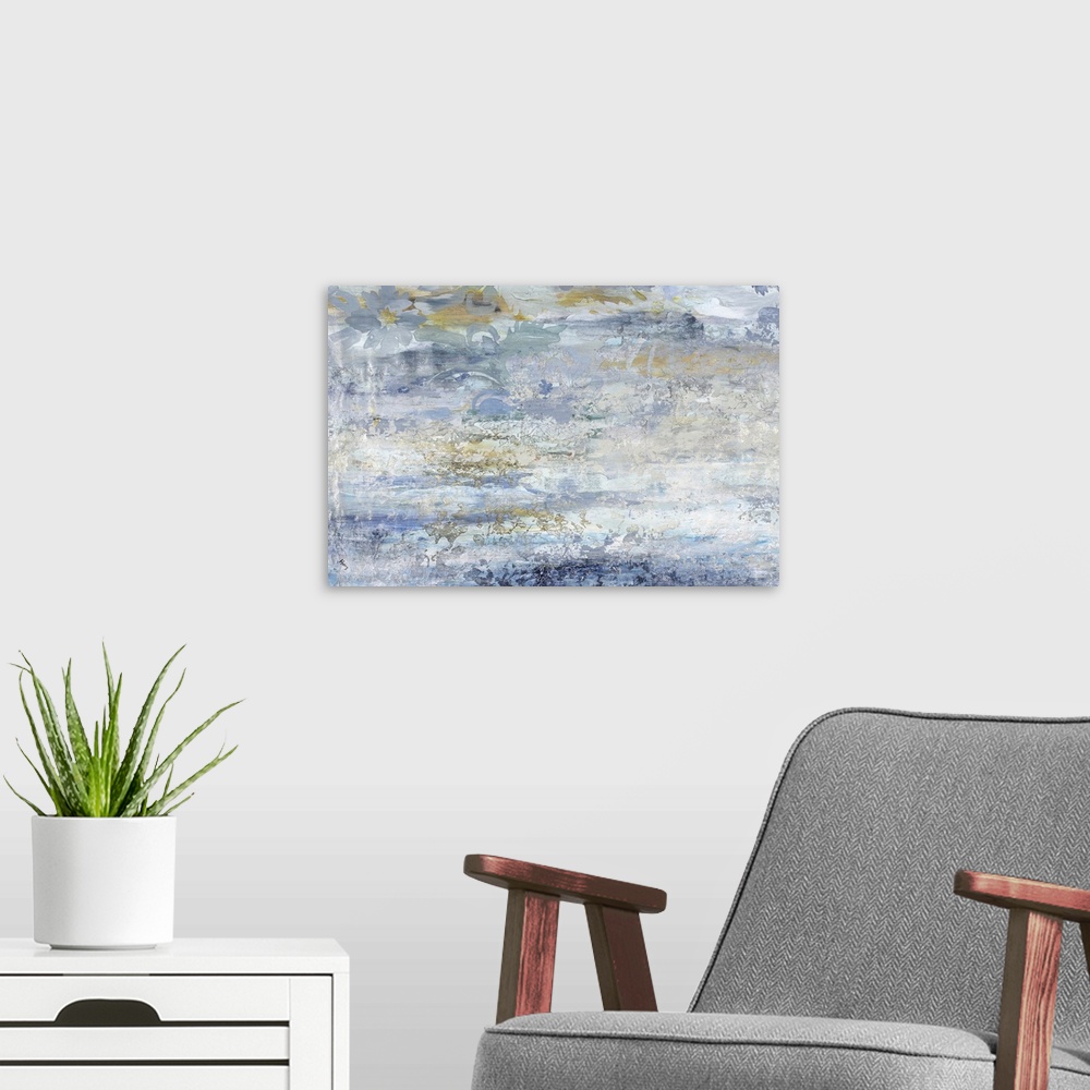 A modern room featuring Contemporary abstract painting with shades of blue, gold, and gray creating a rough texture and a...