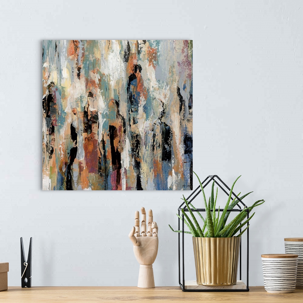 A bohemian room featuring Contemporary abstract painting done in cool, earthy tones and a mix of dark and light brushstrokes.