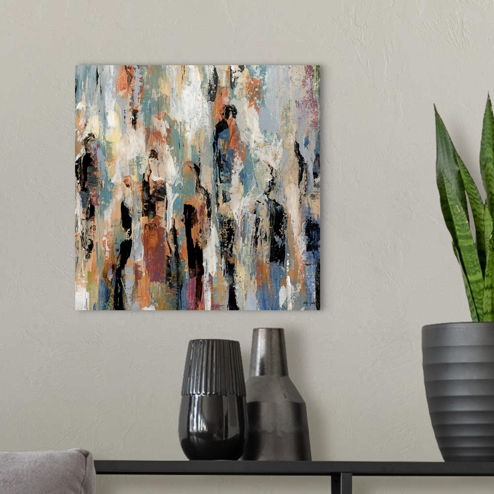 A modern room featuring Contemporary abstract painting done in cool, earthy tones and a mix of dark and light brushstrokes.