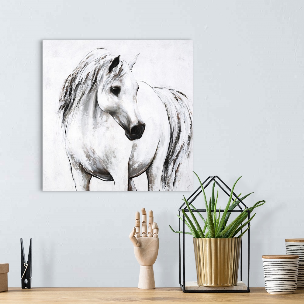 A bohemian room featuring Square painting of a white horse.
