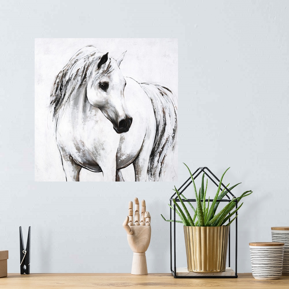 A bohemian room featuring Square painting of a white horse.