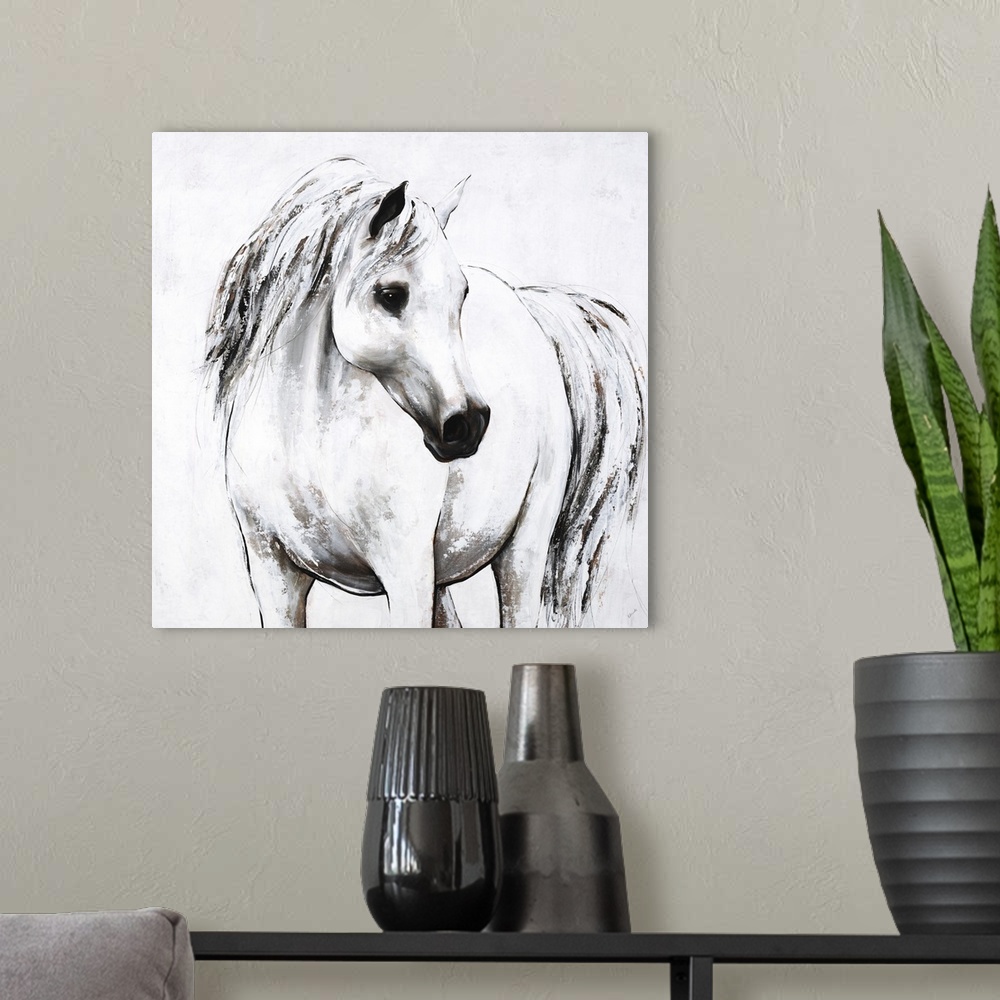 A modern room featuring Square painting of a white horse.