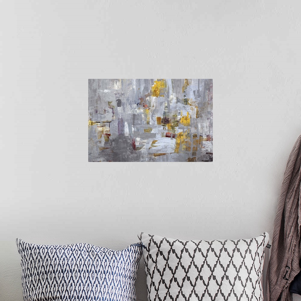 A bohemian room featuring Contemporary abstract painting using mostly gray tones with hints of gold.