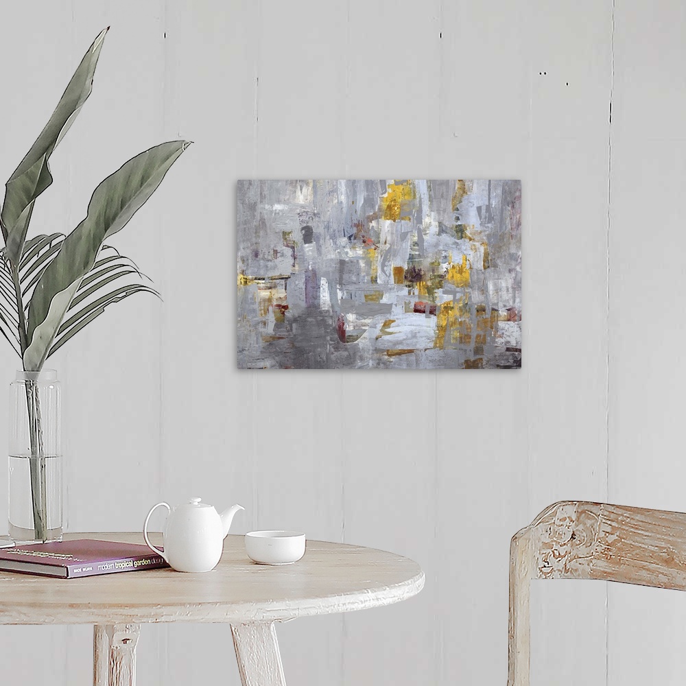 A farmhouse room featuring Contemporary abstract painting using mostly gray tones with hints of gold.