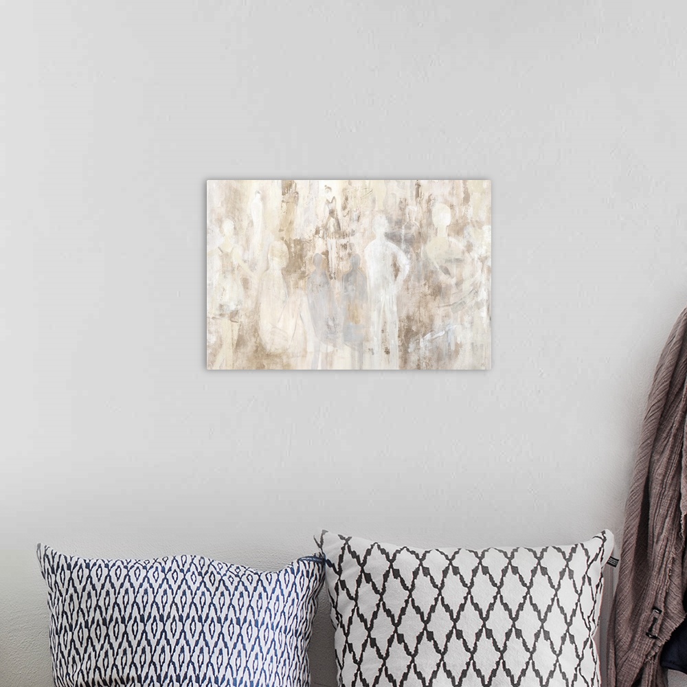 A bohemian room featuring Contemporary abstract painting in shades of white with subtle figures.
