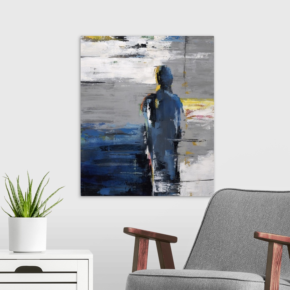 A modern room featuring Figurative art of a human silhouette standing next  to a large square object, on a background pai...