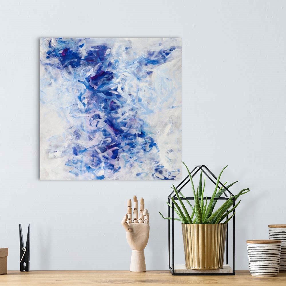 A bohemian room featuring Large abstract painting in shades of blue, gray, and white with small hints of purple in squiggly...