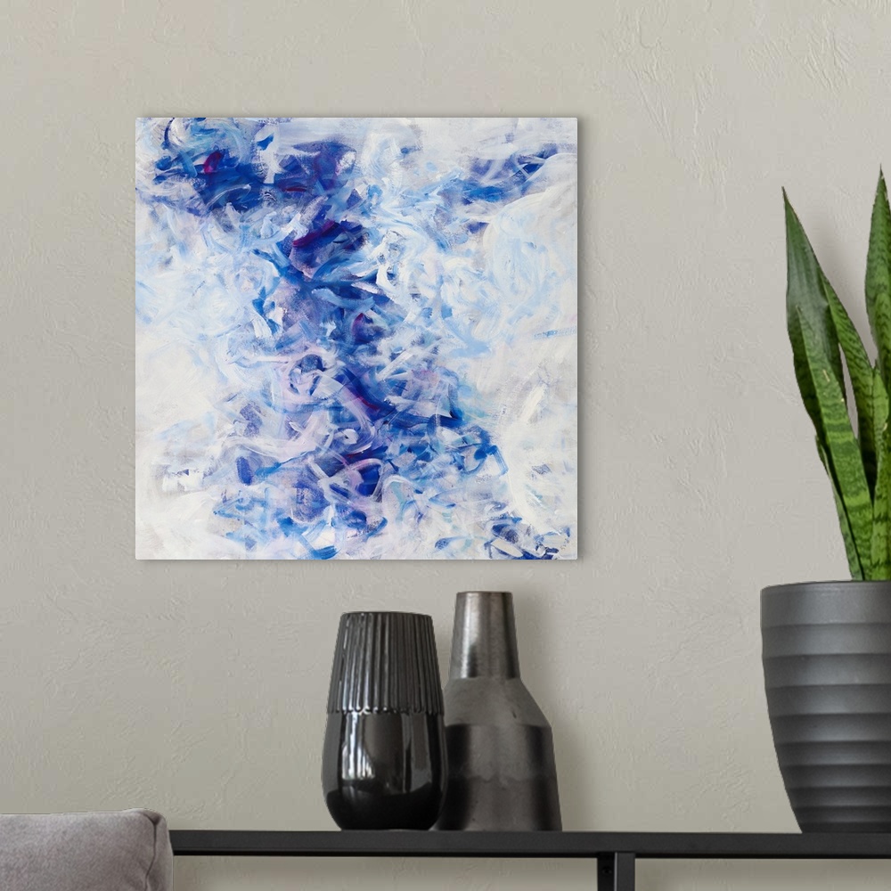 A modern room featuring Large abstract painting in shades of blue, gray, and white with small hints of purple in squiggly...