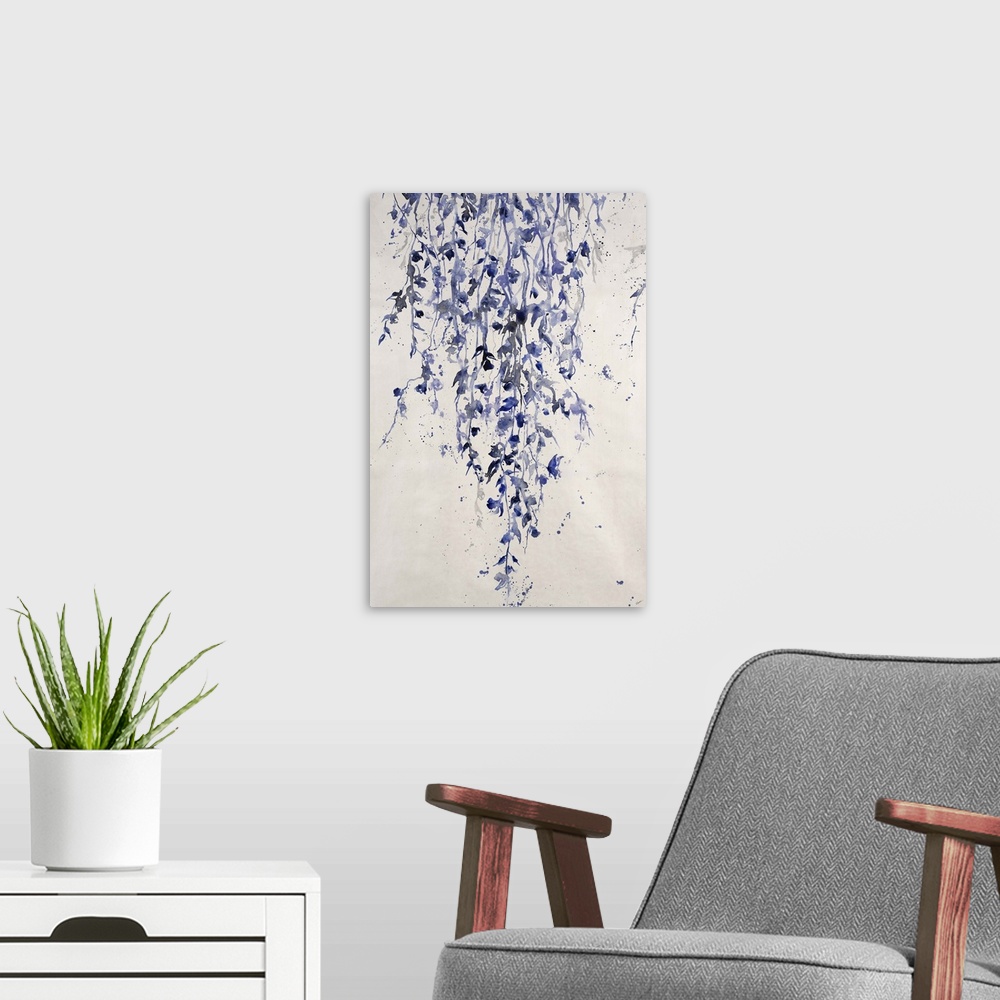 A modern room featuring Contemporary painting of long hanging vines of leaves and flowers with spattered paint surroundin...