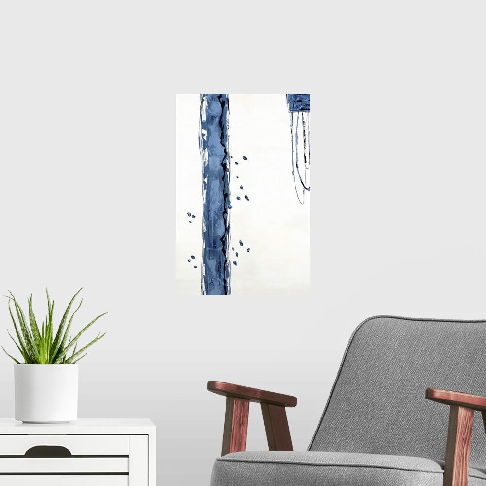 A modern room featuring Industrial abstract painting with a thick blue-gray vertical line, dots, and a square with thin r...