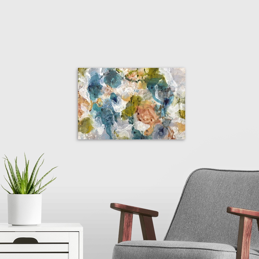 A modern room featuring Large abstract painting with almost translucent hues layered on top of each other in green, blue,...