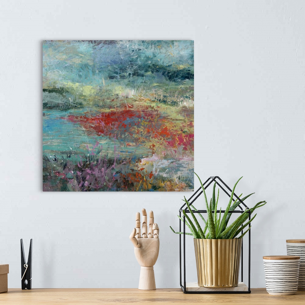 A bohemian room featuring Abstract painting of a vibrant field of brightly colored flowers and greenery.