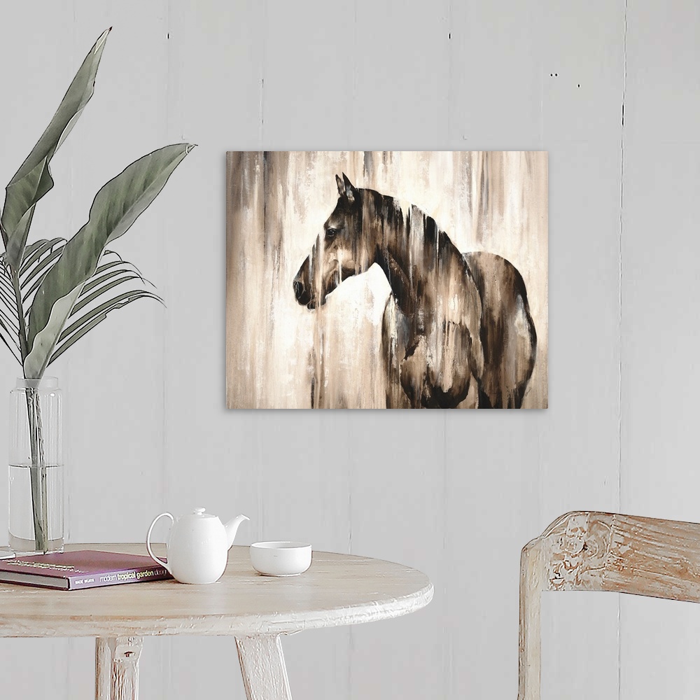 A farmhouse room featuring Contemporary painting of a horse in shades of brown and white.