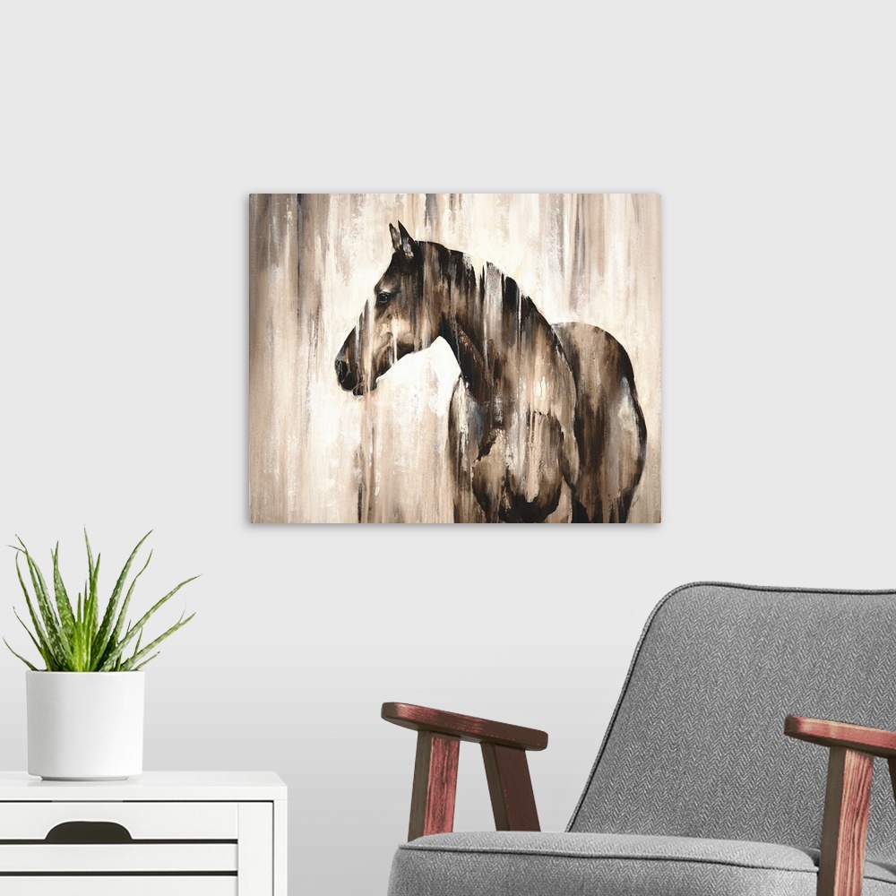 A modern room featuring Contemporary painting of a horse in shades of brown and white.