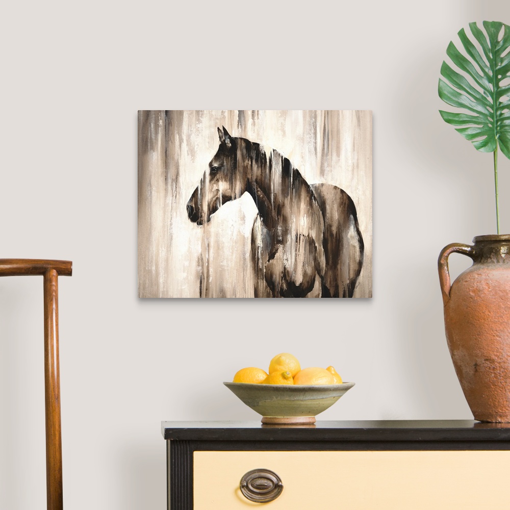 A traditional room featuring Contemporary painting of a horse in shades of brown and white.