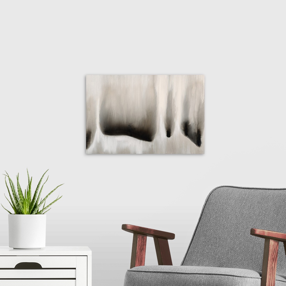A modern room featuring Abstract artwork in neutral grey tones resembling falling water.