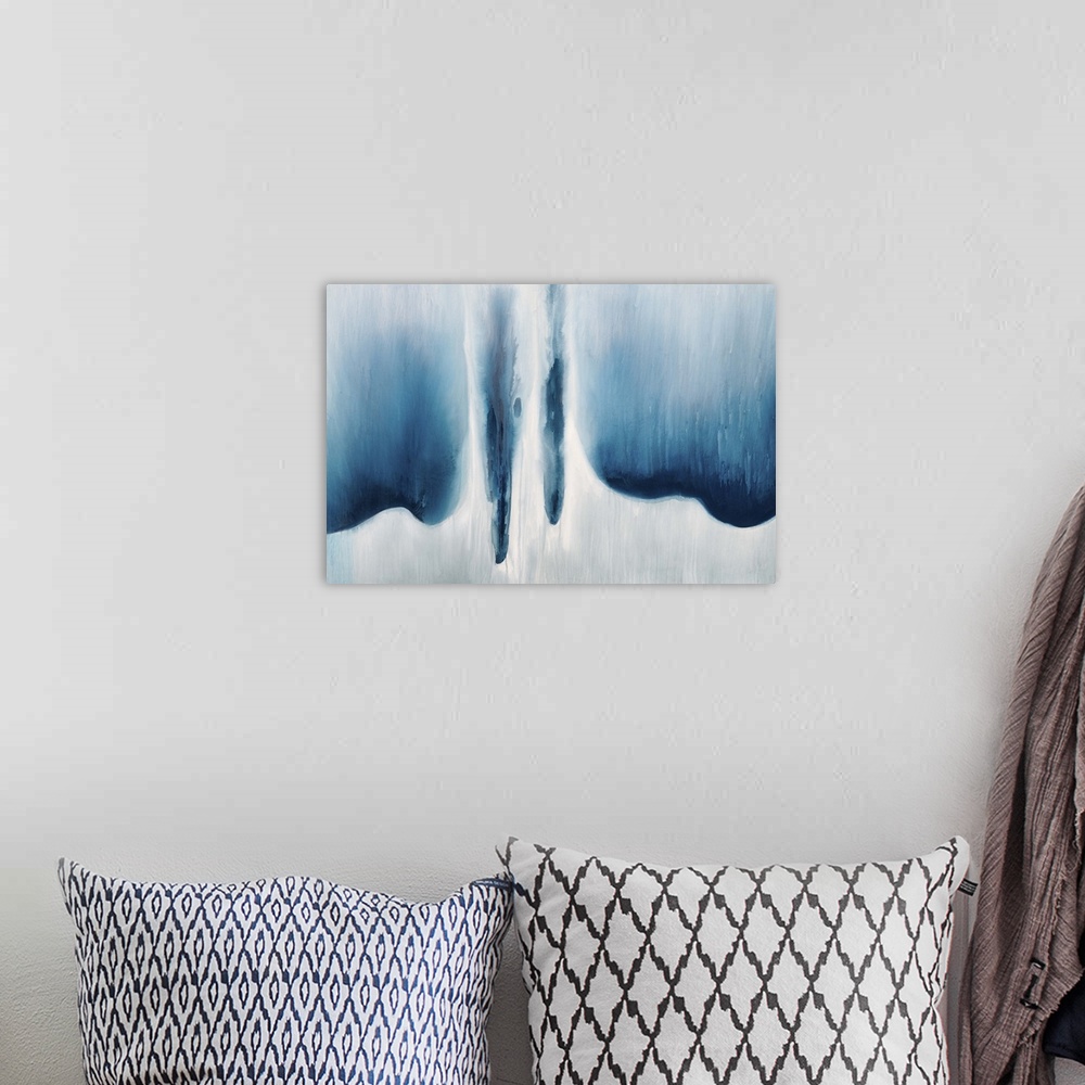 A bohemian room featuring Abstract artwork in cool blue tones resembling falling water.