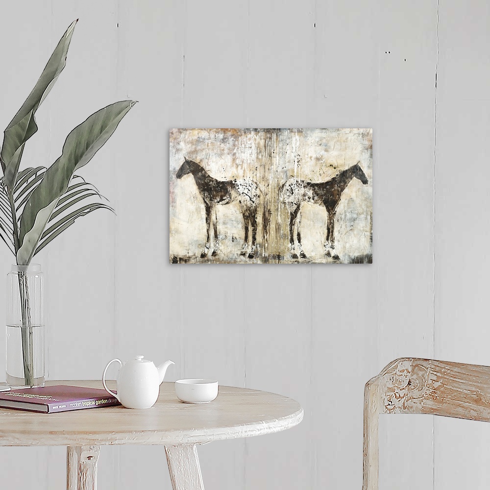 A farmhouse room featuring Large abstract painting with two horses standing rear to read with long, thin, vertical lines sep...