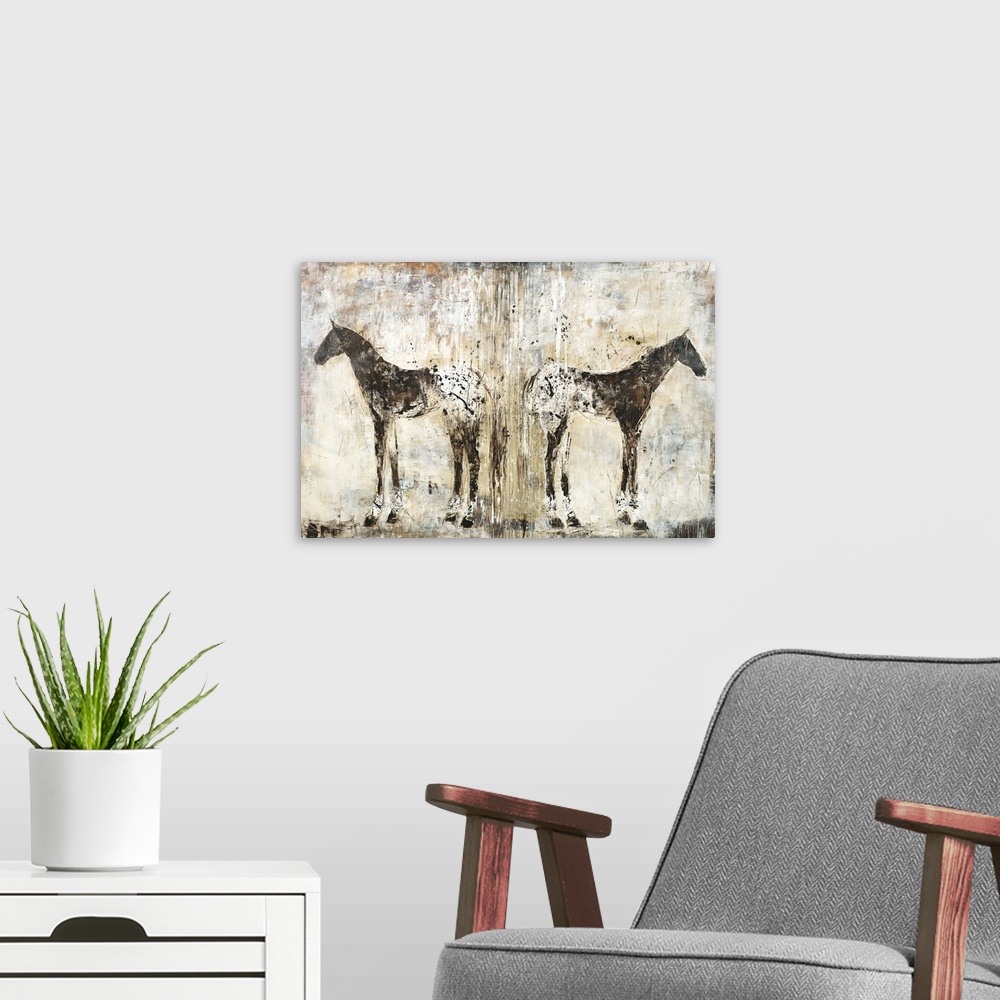 A modern room featuring Large abstract painting with two horses standing rear to read with long, thin, vertical lines sep...