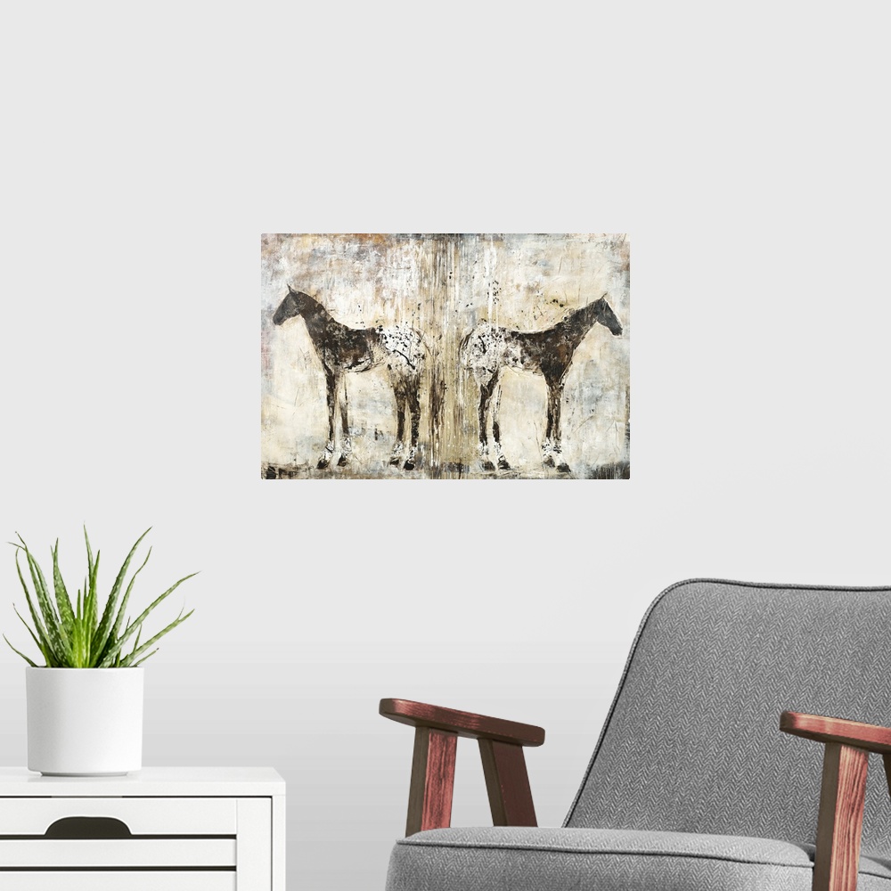 A modern room featuring Large abstract painting with two horses standing rear to read with long, thin, vertical lines sep...