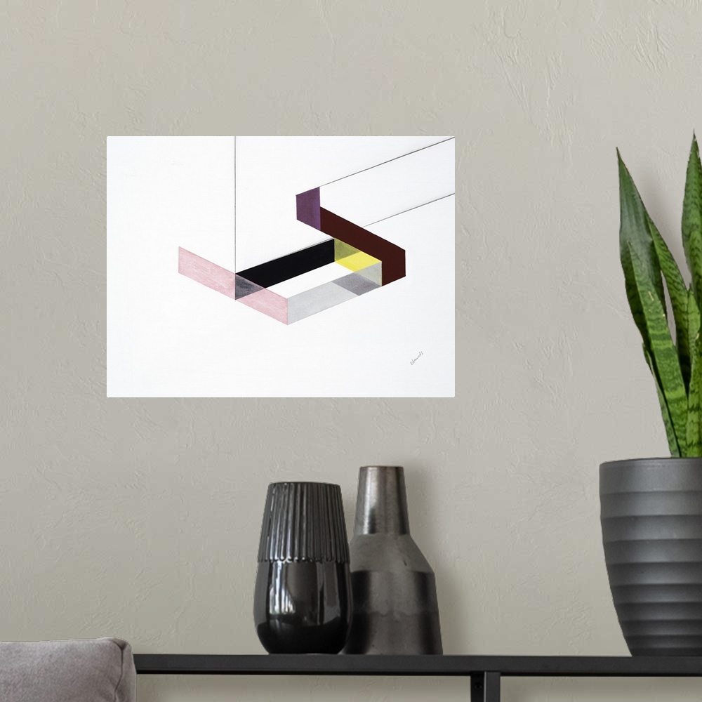 A modern room featuring A simple painting of geometric shapes in a zigzag of multi-colors.