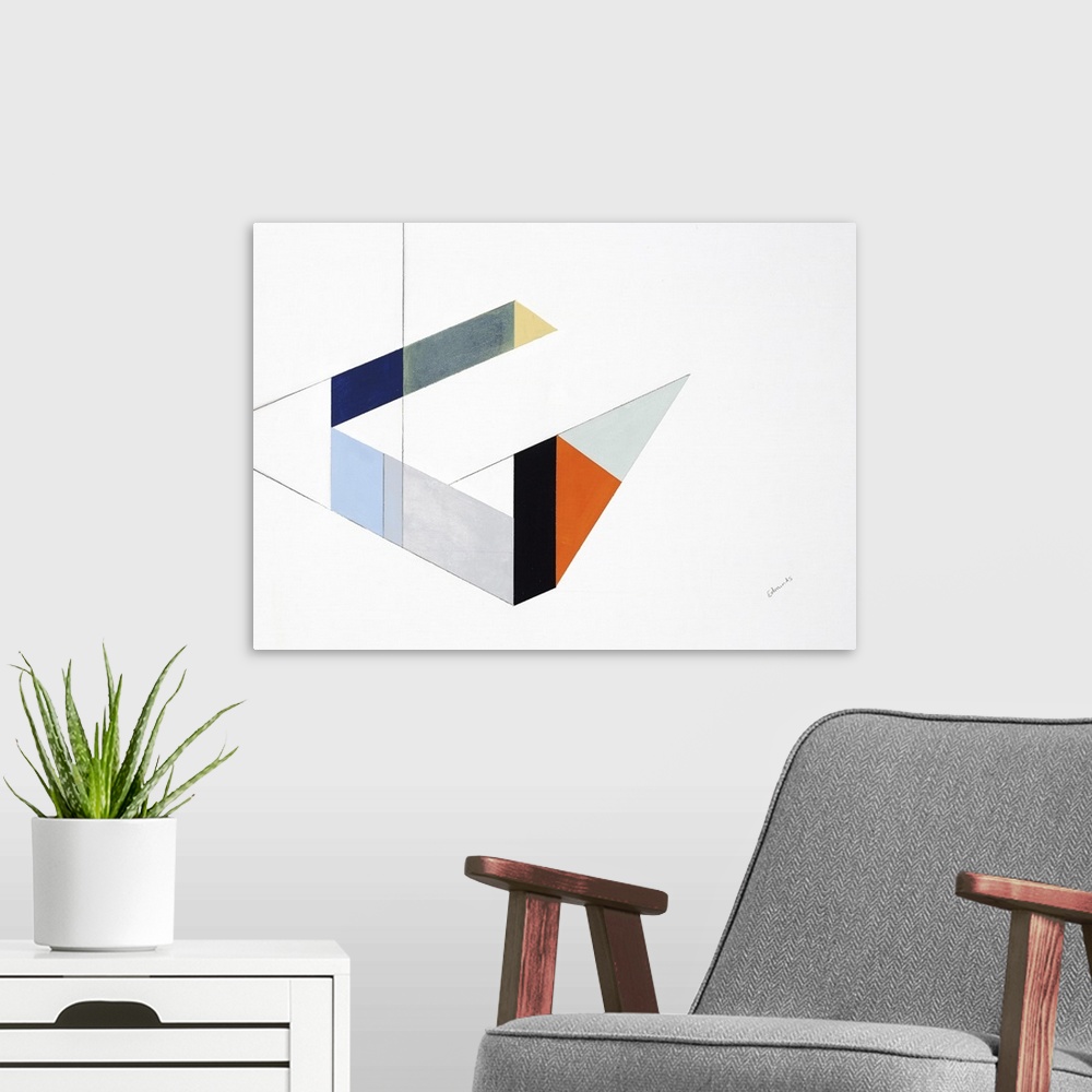 A modern room featuring A simple painting of geometric shapes in a zigzag of multi-colors.