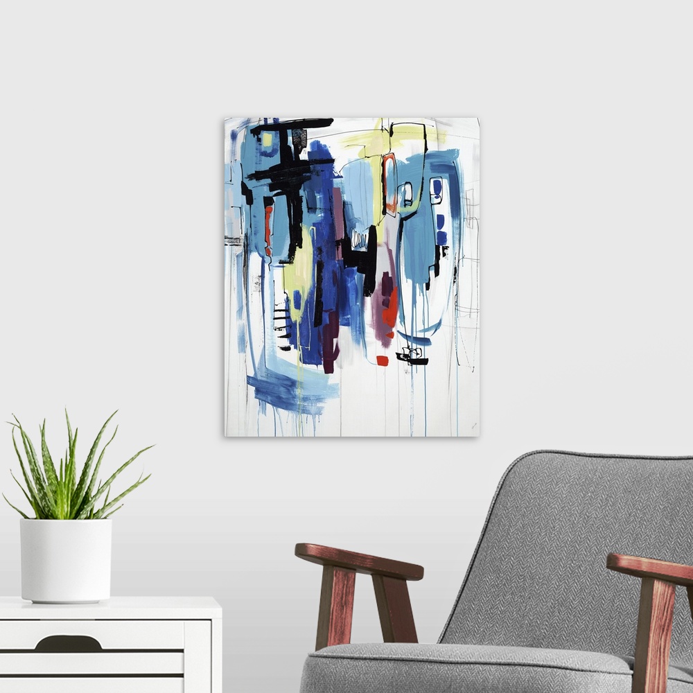 A modern room featuring Abstract painting of lines and blotches of various colors on a white canvas.