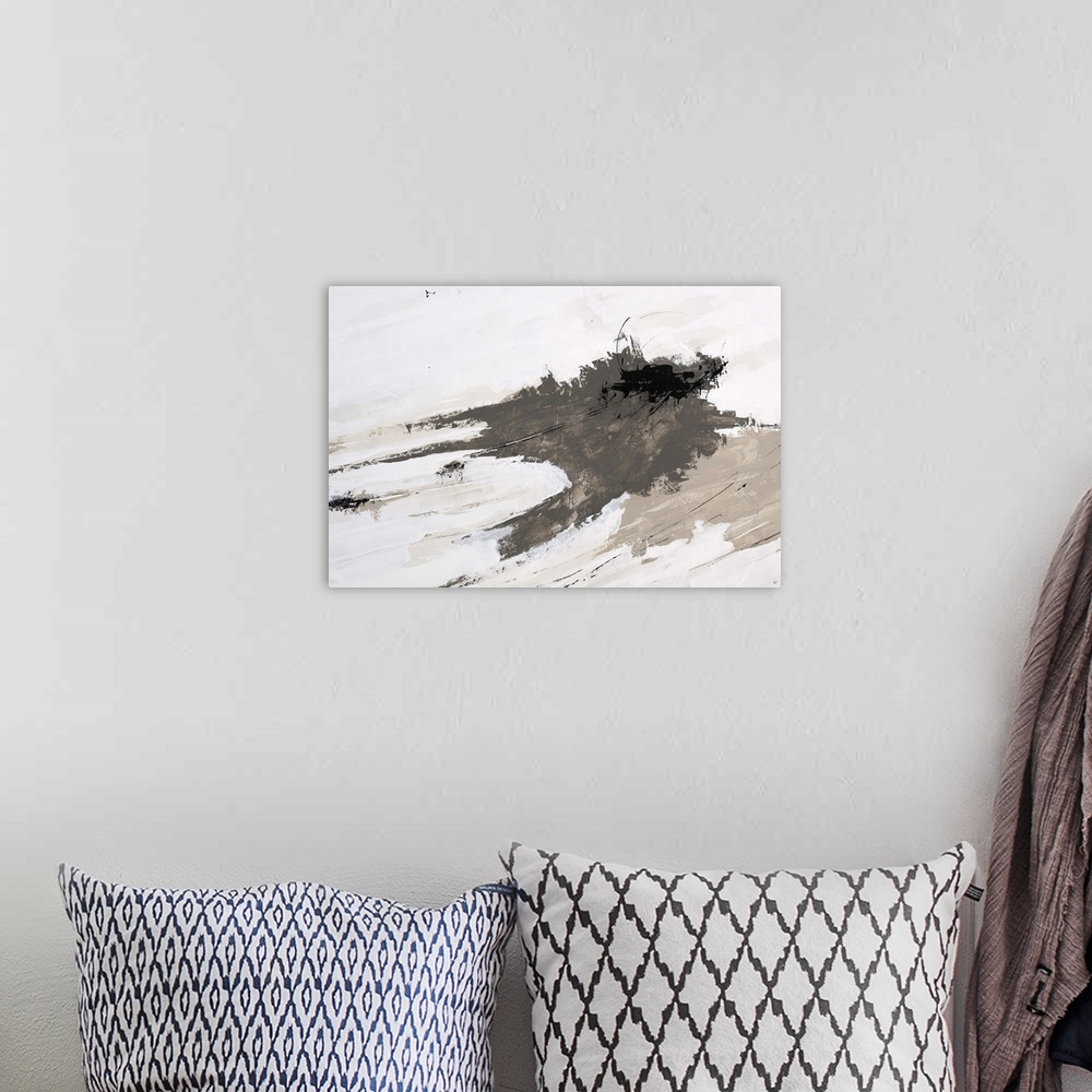 A bohemian room featuring Abstract painting of two large grey masses that appear to be flying as they streak across the image.