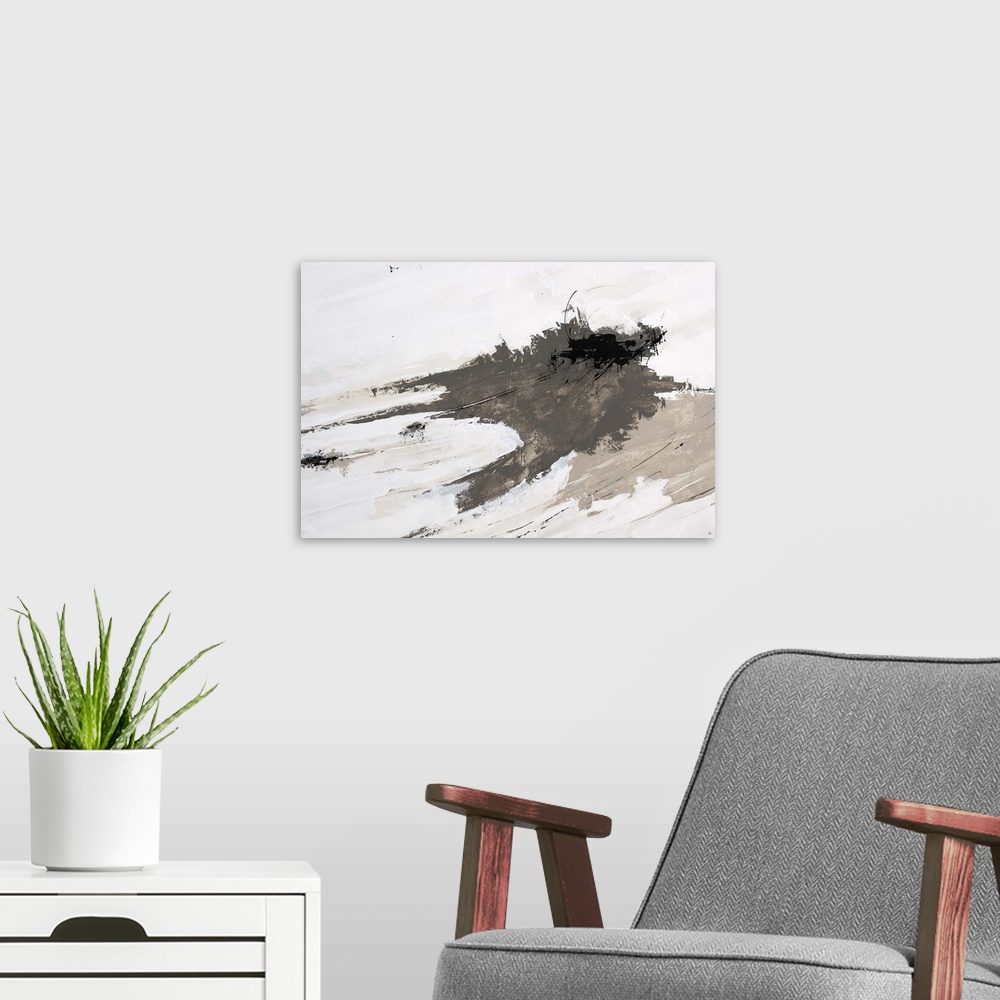 A modern room featuring Abstract painting of two large grey masses that appear to be flying as they streak across the image.