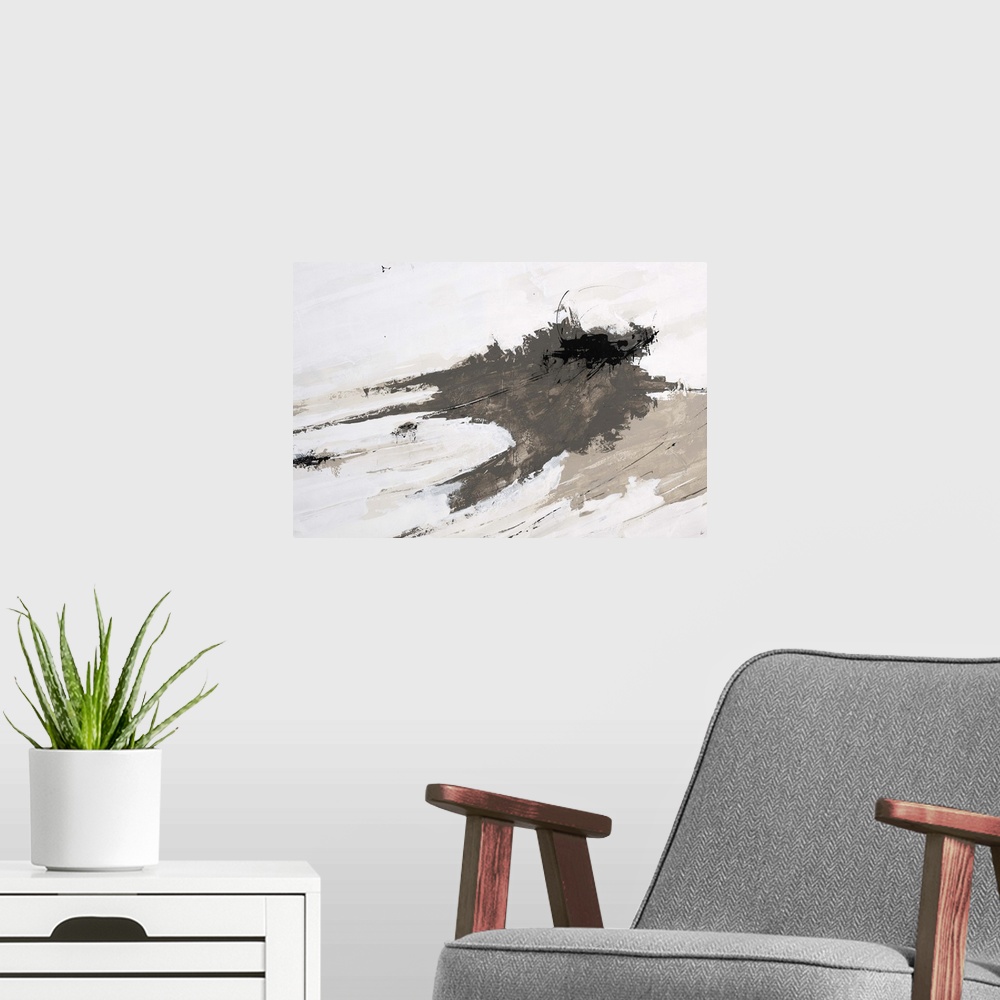 A modern room featuring Abstract painting of two large grey masses that appear to be flying as they streak across the image.