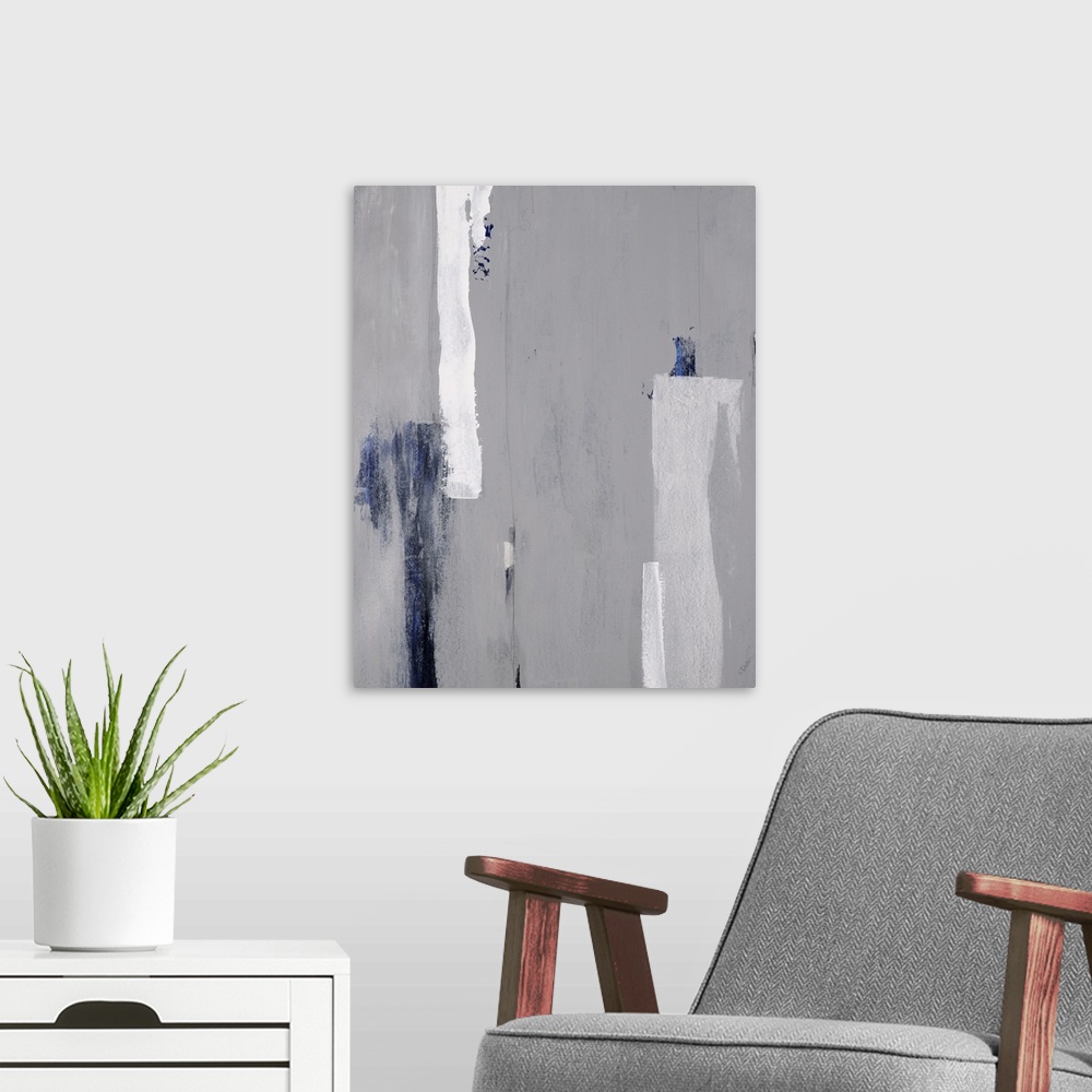 A modern room featuring Abstract painting of textured brush strokes in shades of gray with blue accents.