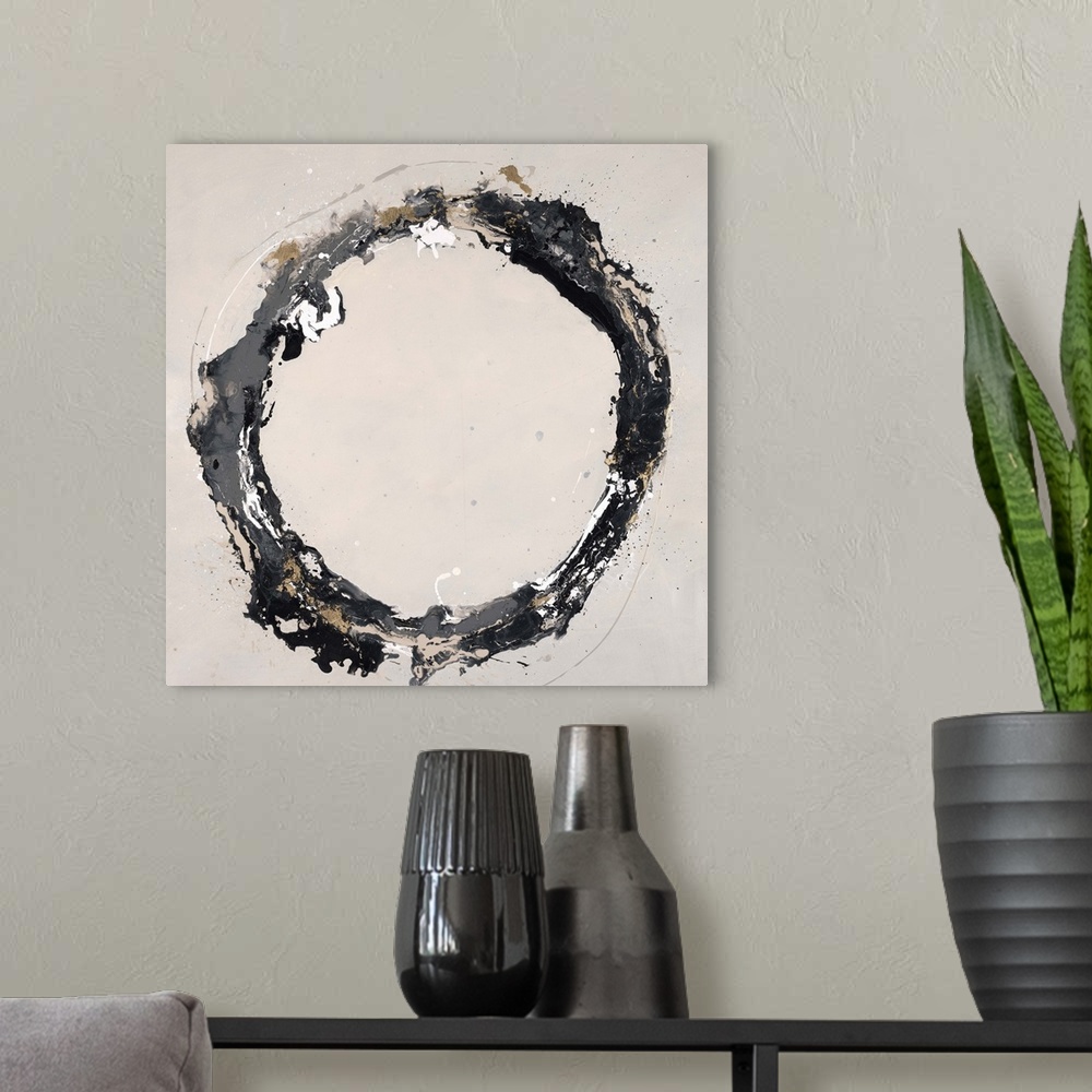 A modern room featuring Abstract painting using textured looking gray tones to form a circle on a neutral colored backgro...