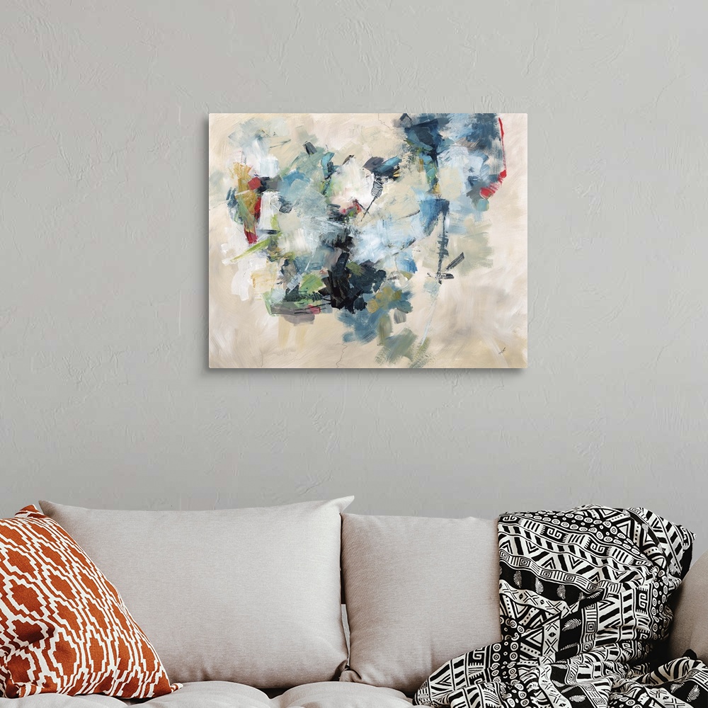A bohemian room featuring Contemporary abstract painting of a cloud-like shape using cool colors against a neutral background.