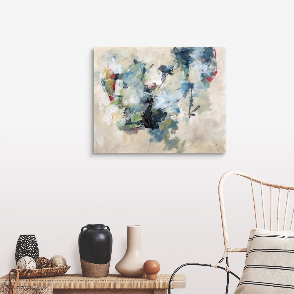 A farmhouse room featuring Contemporary abstract painting of a cloud-like shape using cool colors against a neutral background.