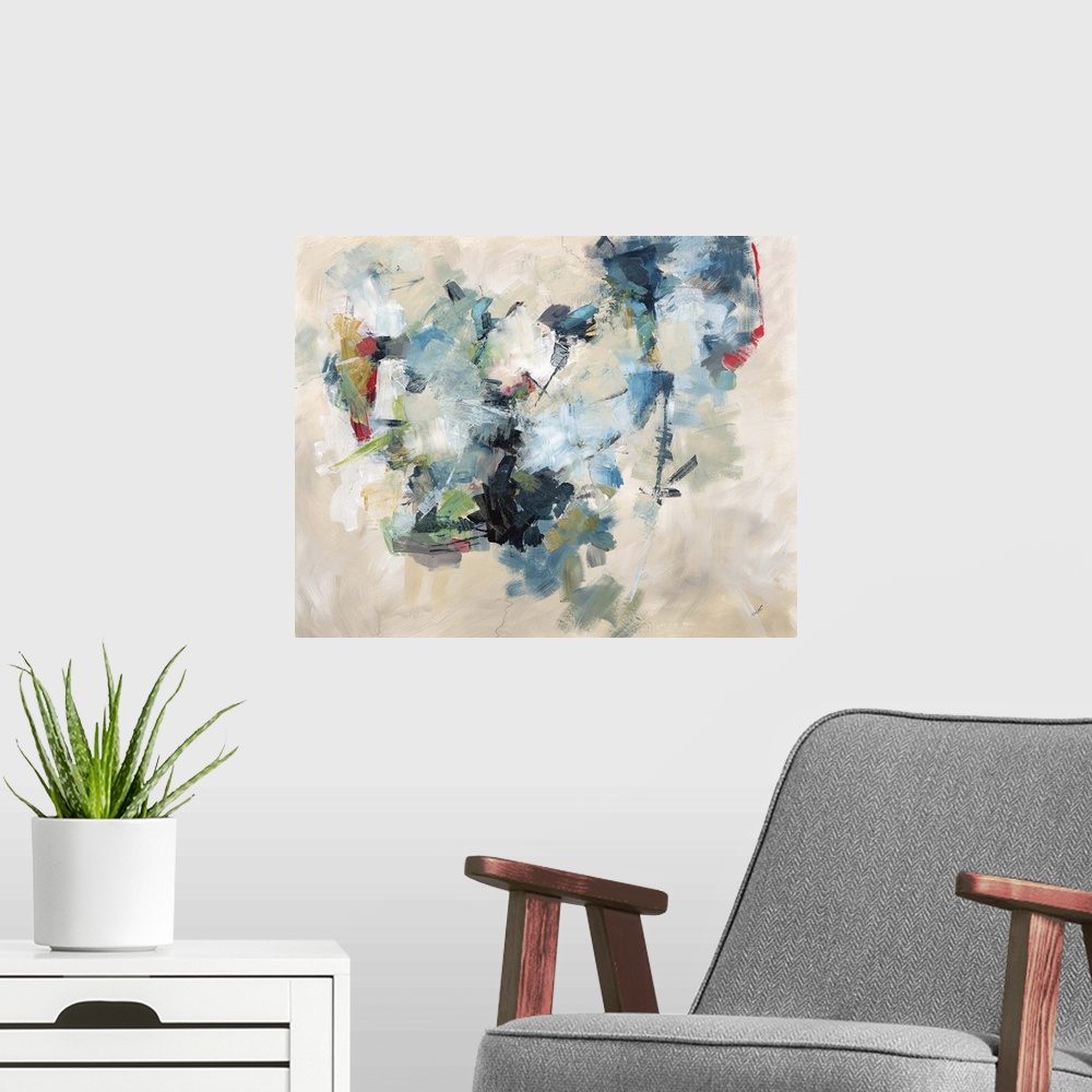 A modern room featuring Contemporary abstract painting of a cloud-like shape using cool colors against a neutral background.