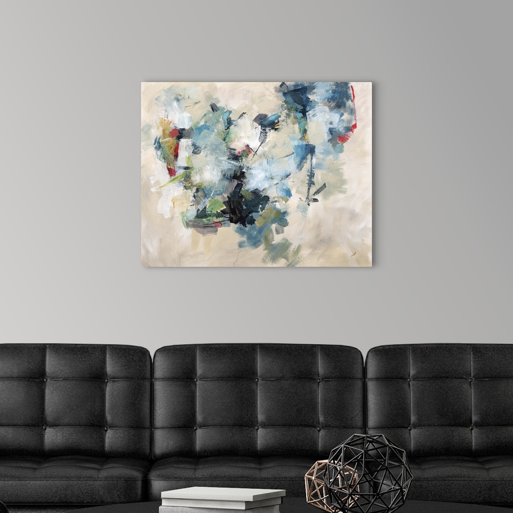 A modern room featuring Contemporary abstract painting of a cloud-like shape using cool colors against a neutral background.