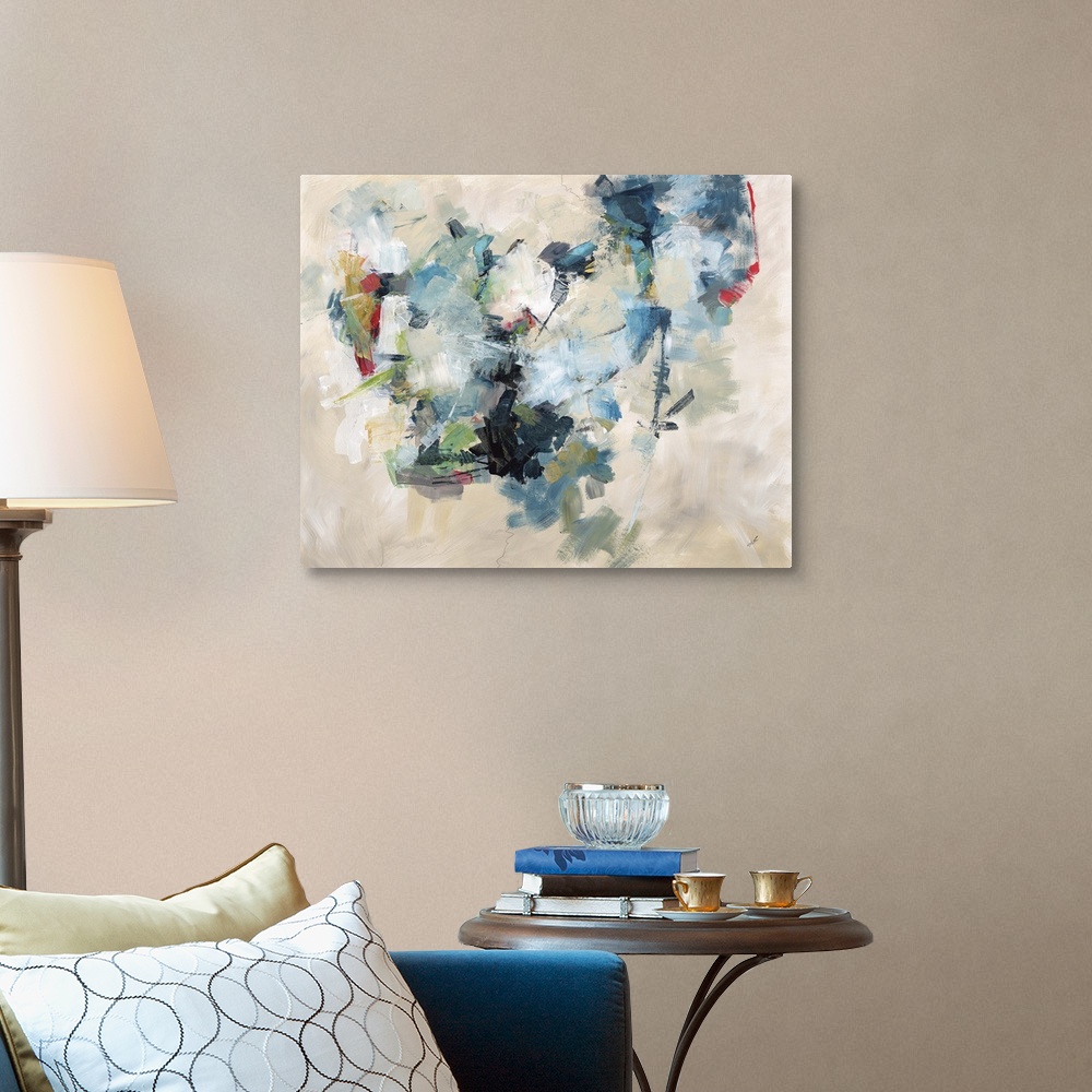 A traditional room featuring Contemporary abstract painting of a cloud-like shape using cool colors against a neutral background.