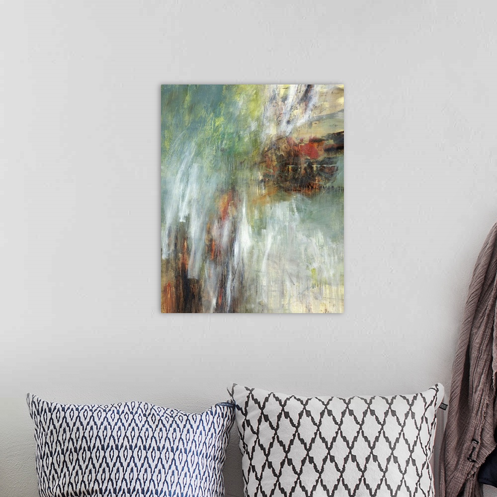 A bohemian room featuring Contemporary abstract painting using muted tones of green and red.