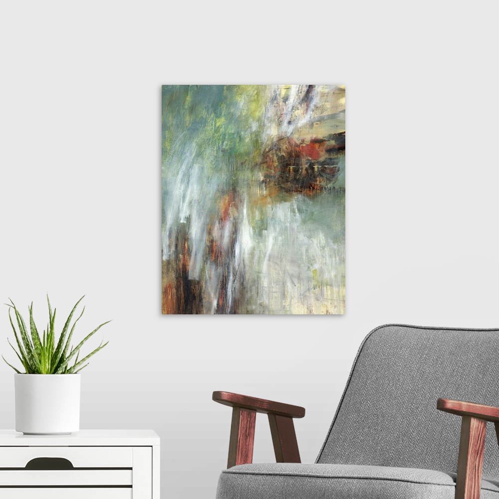 A modern room featuring Contemporary abstract painting using muted tones of green and red.