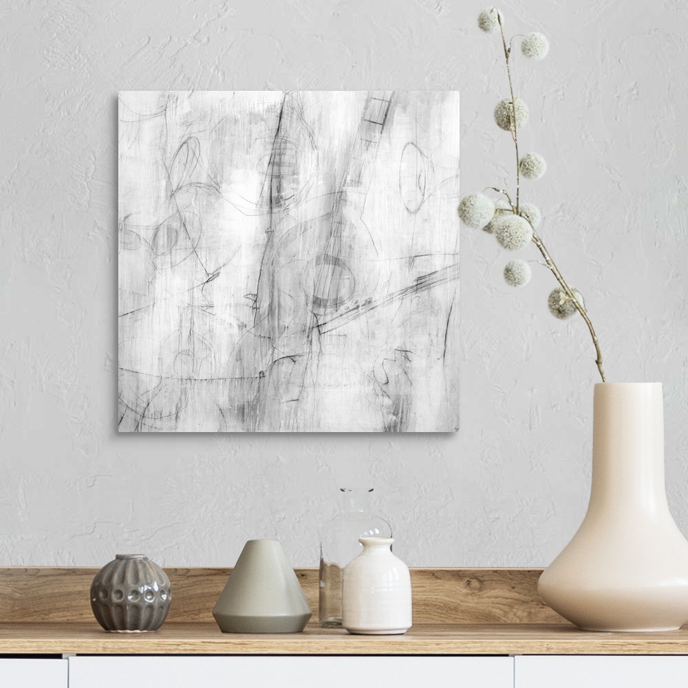 A farmhouse room featuring Abstract painting of faint sketches of jazz instruments in gray tones.
