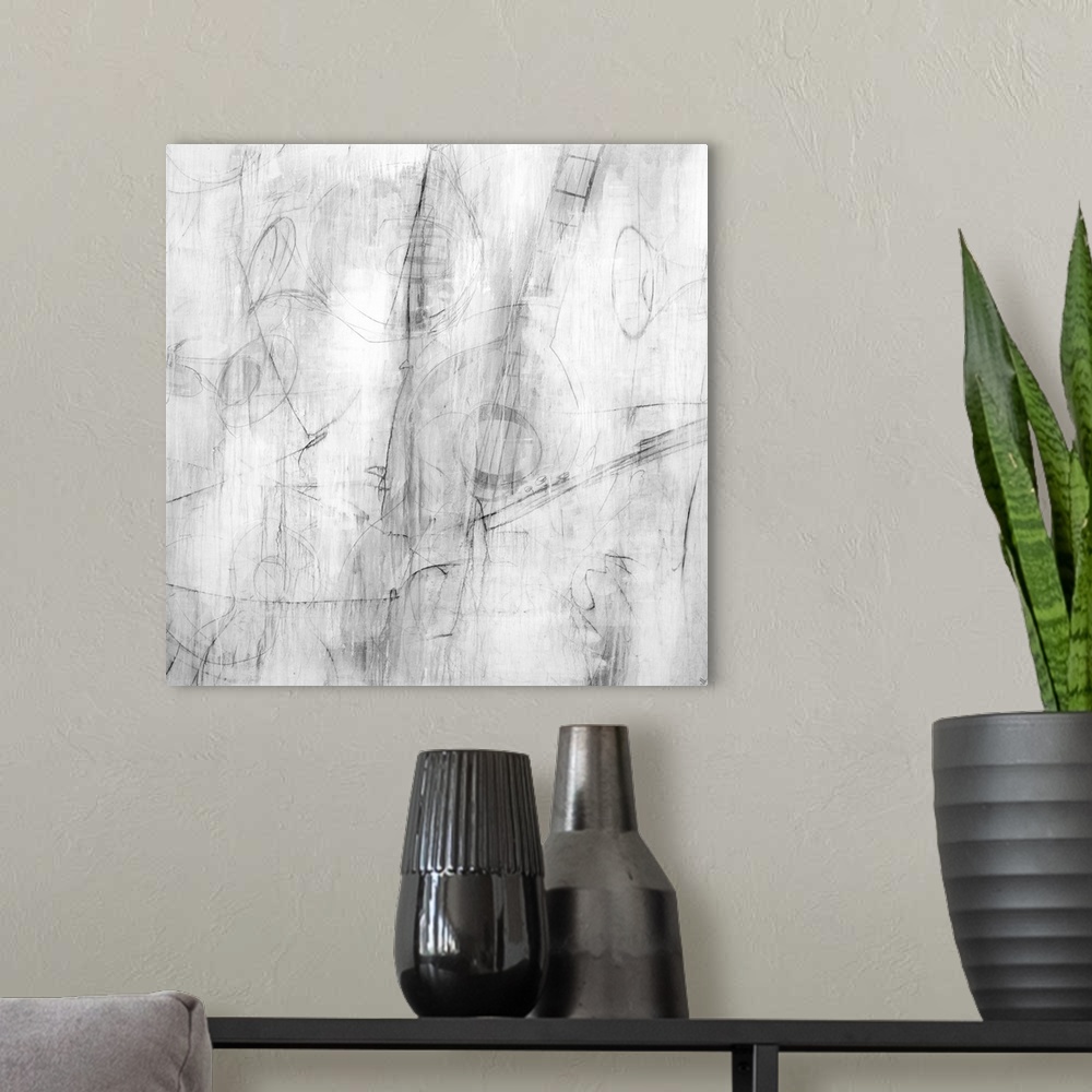 A modern room featuring Abstract painting of faint sketches of jazz instruments in gray tones.