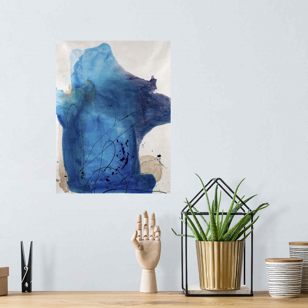 A bohemian room featuring Painting of a large abstract shape in cool tones with thin, swirling lines of paint that appear t...